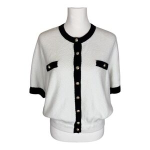 Ann Taylor Womens XL Short Sleeve Cardigan Sweater White Black Gold Button Knit